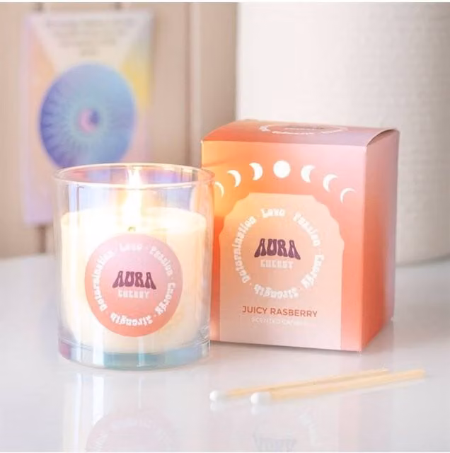 KDMD Aura Energy Juicy Raspberry Iridescent Votive Candle in Peach with 35h Burn Time
