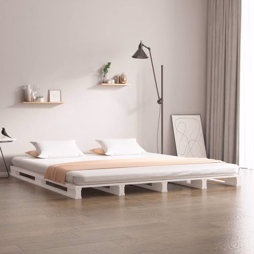 Berkfield Home White Pine Wood Pallet Double Bed W: 135 cm, D: 190 cm – 2