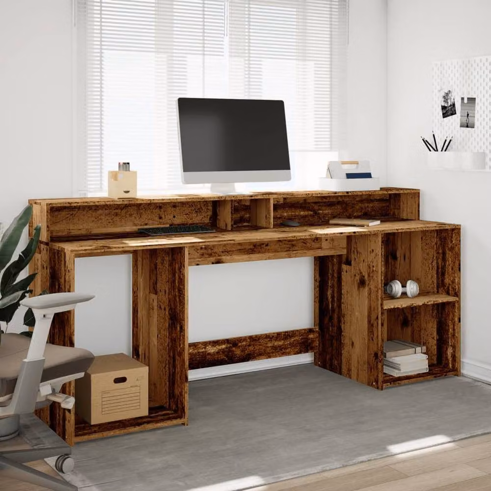 Berkfield Home Soft Desk with LED Lights in Old Wood Brown, W/D/H: 200 x 55 x 91 cm – 3