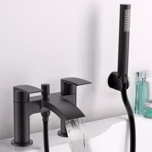 Nes Home Matte Black Deck Mounted Waterfall Bath and Shower Mixer Tap Set