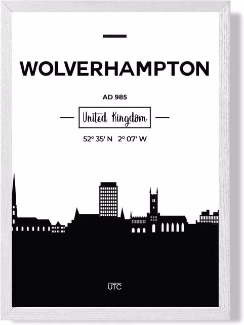 ARTZE Wolverhampton Black and White City Skyline Framed Print with White Frame, Size: A2 – 1