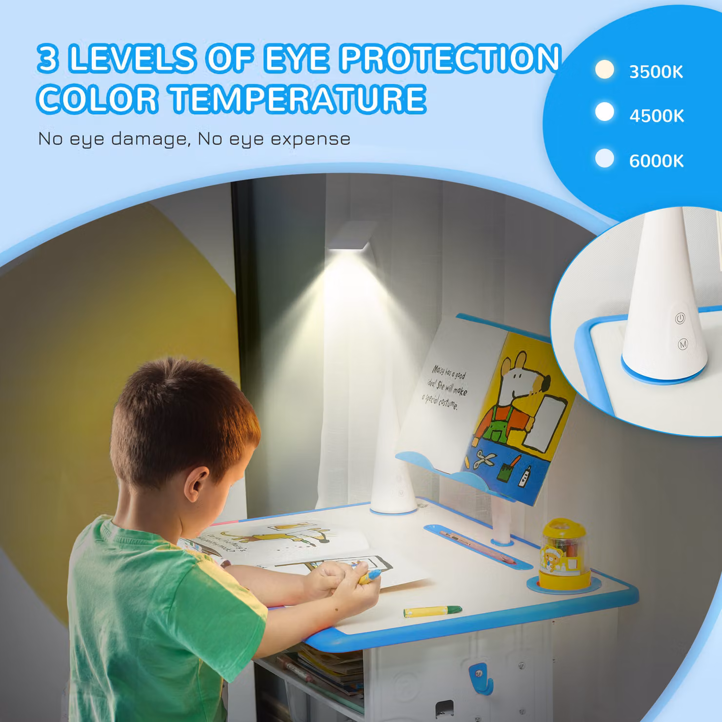 HOMCOM Kids Desk and Chair Set in Blue, Height Adjustable Study Table with Drawer, Book Stand and Pen Slot – 3