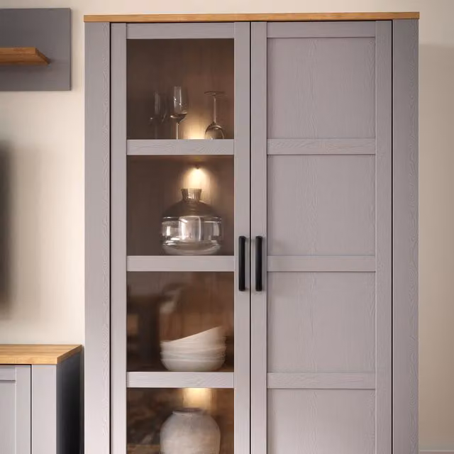 Furniture To Go Bohol Display Cabinet with 2x LED Lights in Riviera Oak and Grey Oak