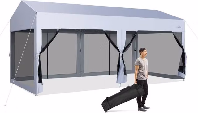 Costway White Pop-Up Canopy Party Tent and Portable Garage with Sidewalls, W: 6 m, D: 3 m, H: 2.9 m