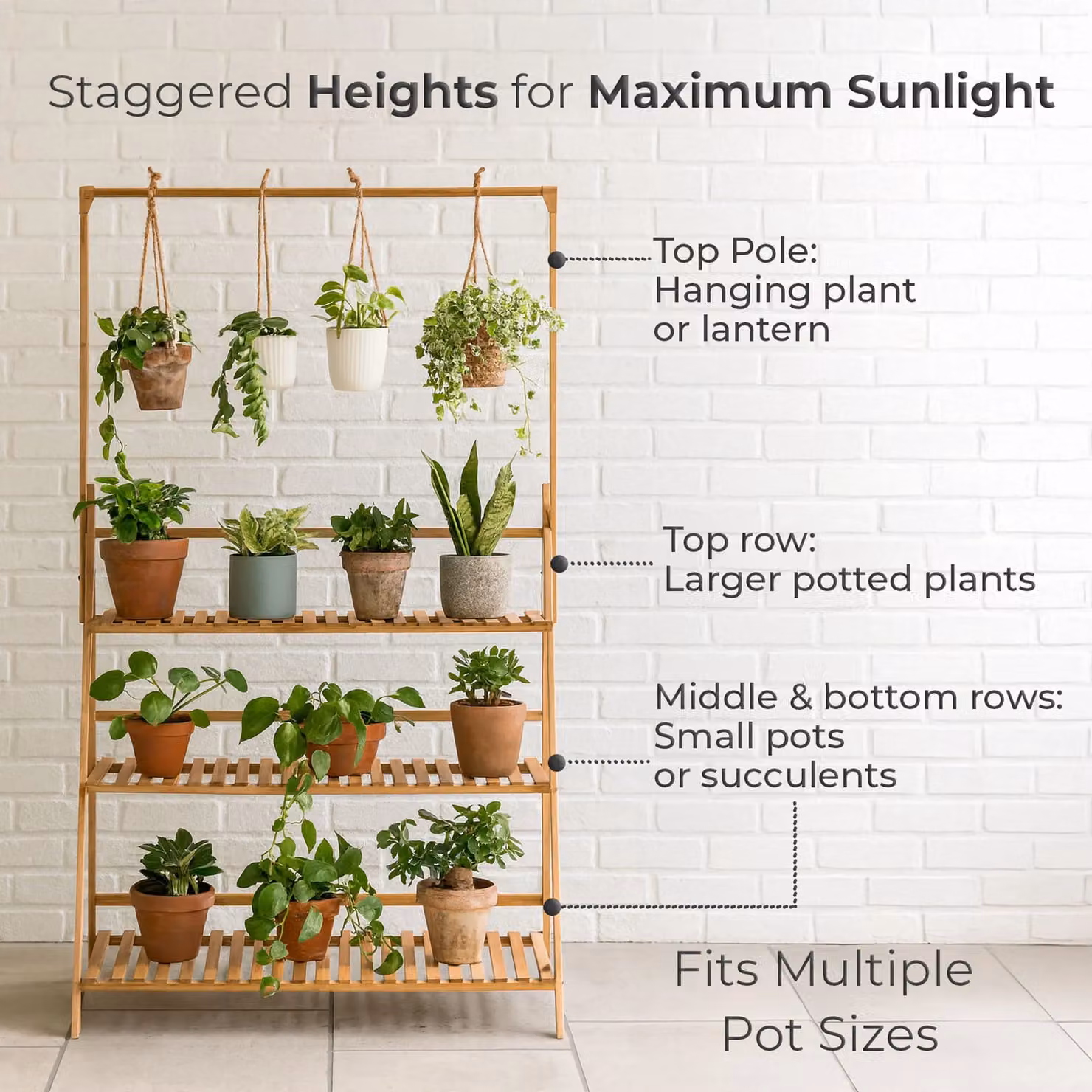 Neo 3-Tier Foldable Bamboo Plant Stand with Hanging Hook in Light Oak Brown – 2
