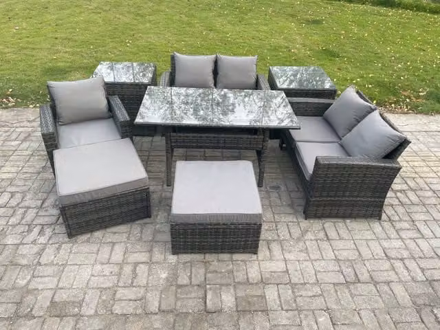 Fimous Outdoor Garden Dining Set in Dark Grey PE Rattan with Double Sofa, Dining Table, 2 Side Tables and 2 Footstools