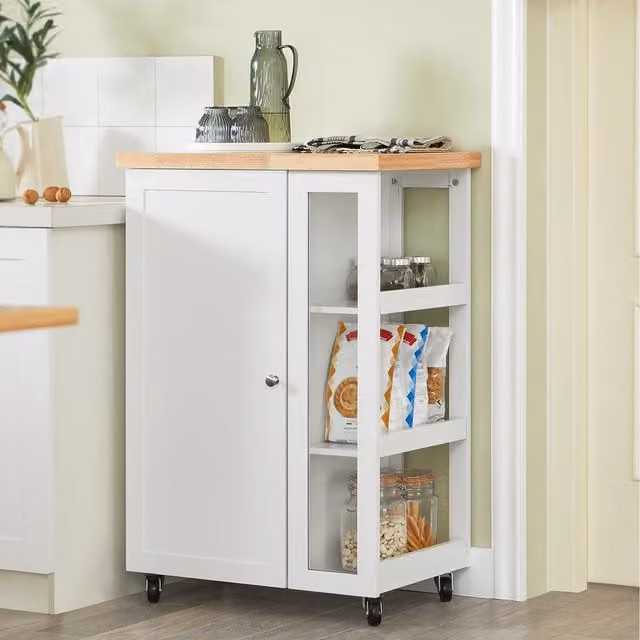 SoBuy Mobile Kitchen Cart in White Lacquered MDF and Rubberwood