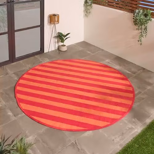OHS Round Striped Outdoor Garden Rug, Orange and Pink, Diameter: 170 cm – 1