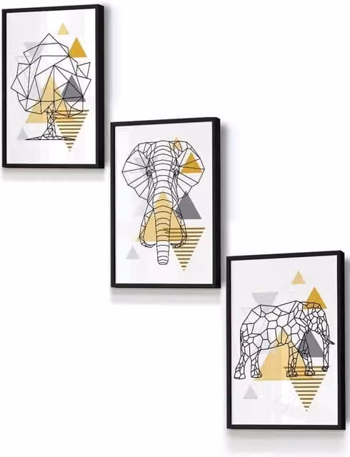 ARTZE Geometric Line Art Yellow Elephant Tree Set Framed Wall Art in Black, Grey and Yellow, W: 33 cm, H: 45 cm, D: 2 cm