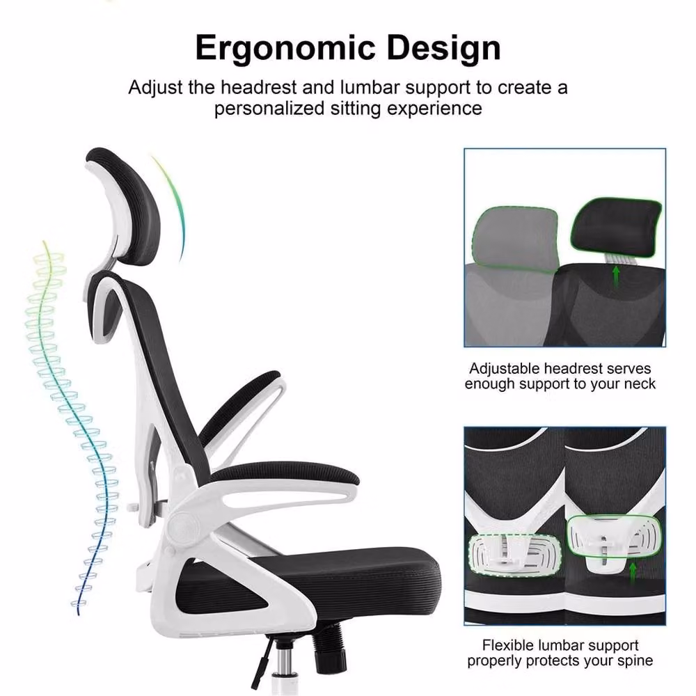 Kelvenix High Back Mesh Gaming and Office Chair in Black and White with Headrest and Armrests – 5