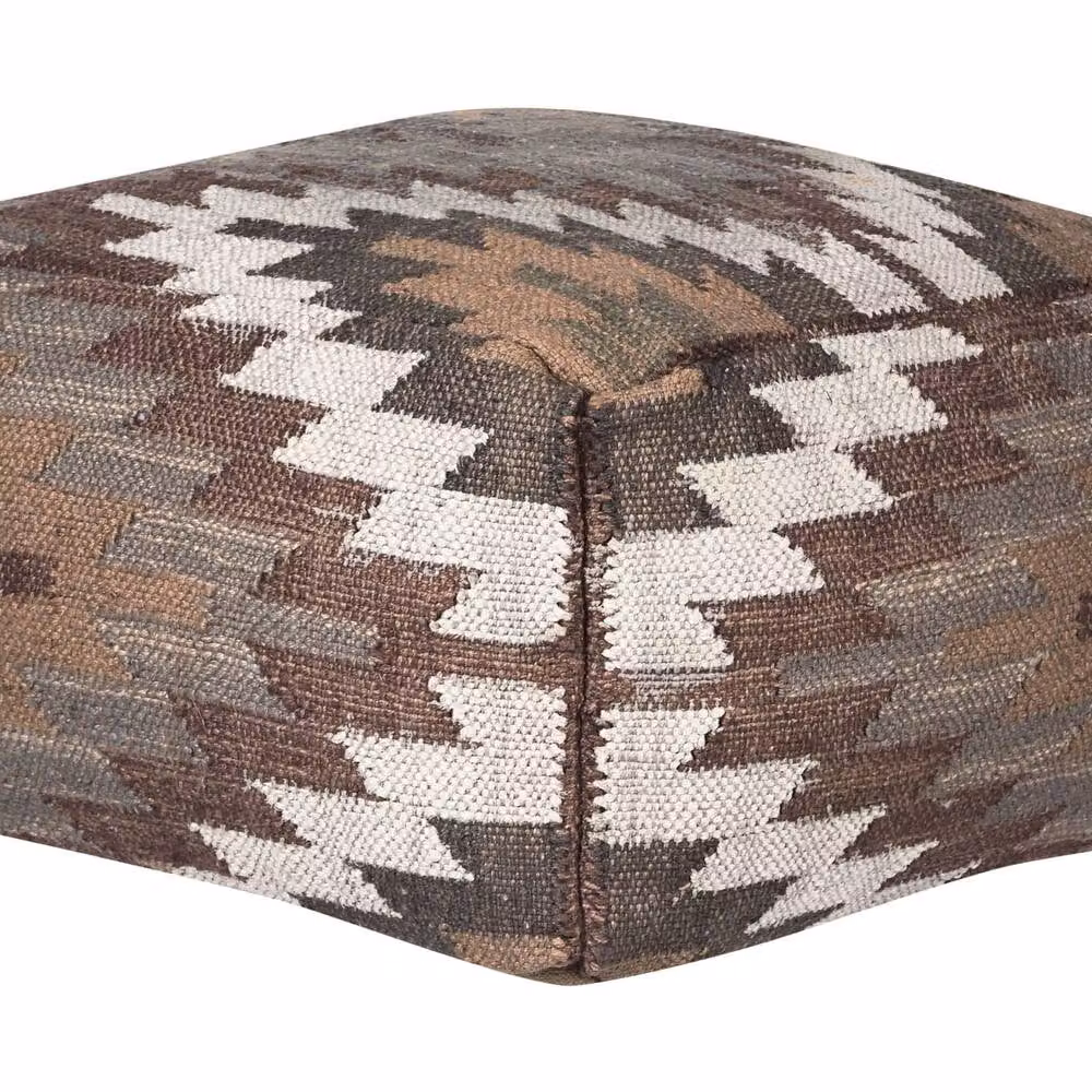 Wyld and Coco Handwoven Geometric Jute and Wool Pouffe in Multicolour Beige, W/D/H: 50 x 50 x 30 cm – 2
