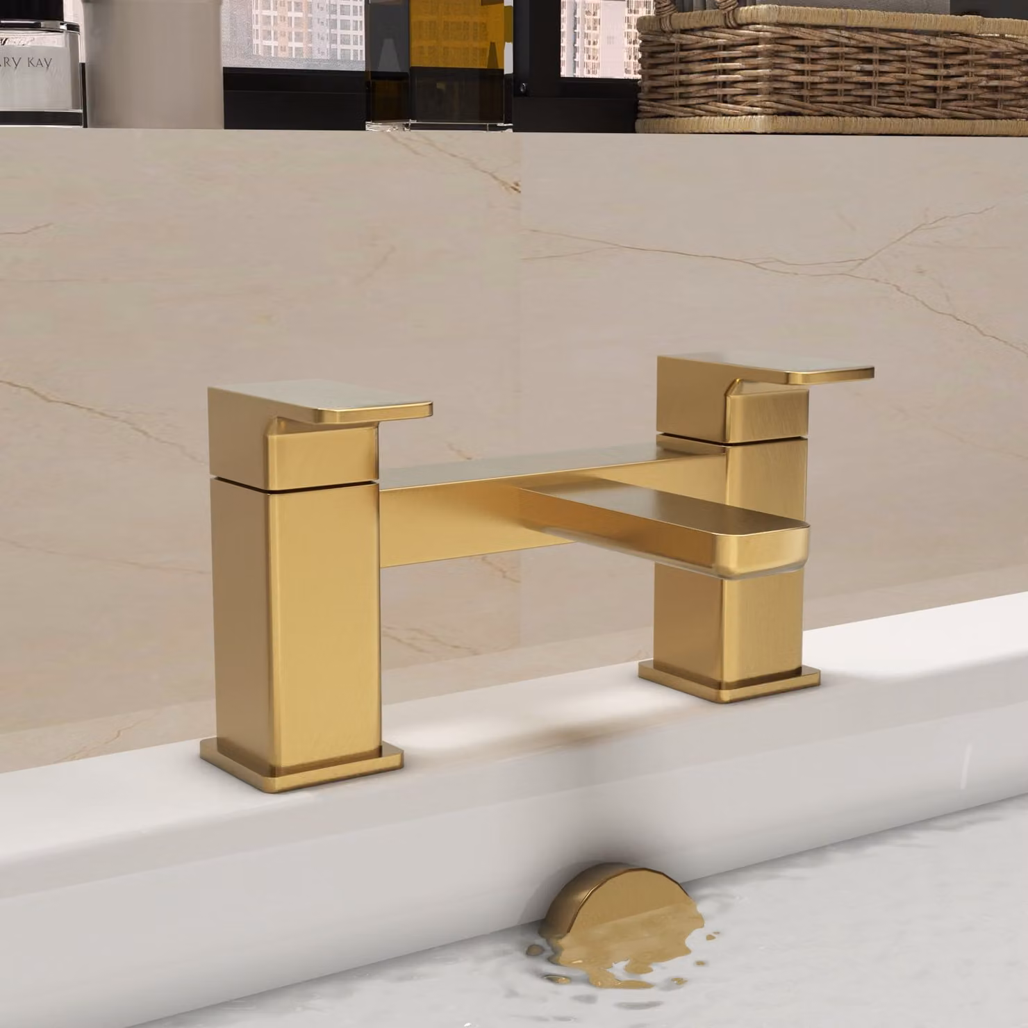 Windon Deck Mounted Bath Filler Tap with Two Handles in Brushed Brass