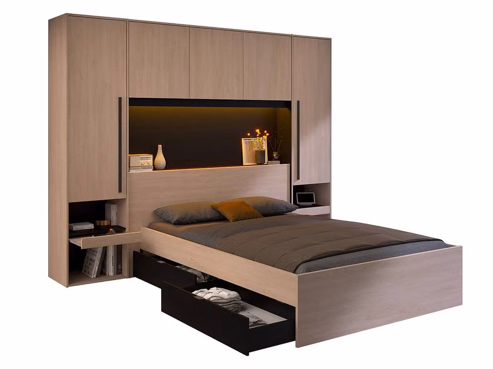 Vente-unique Overbed Unit with Storage and LED Lighting in Natural and Black, W/D/H: 140 x 190 x 202.8 cm – 2
