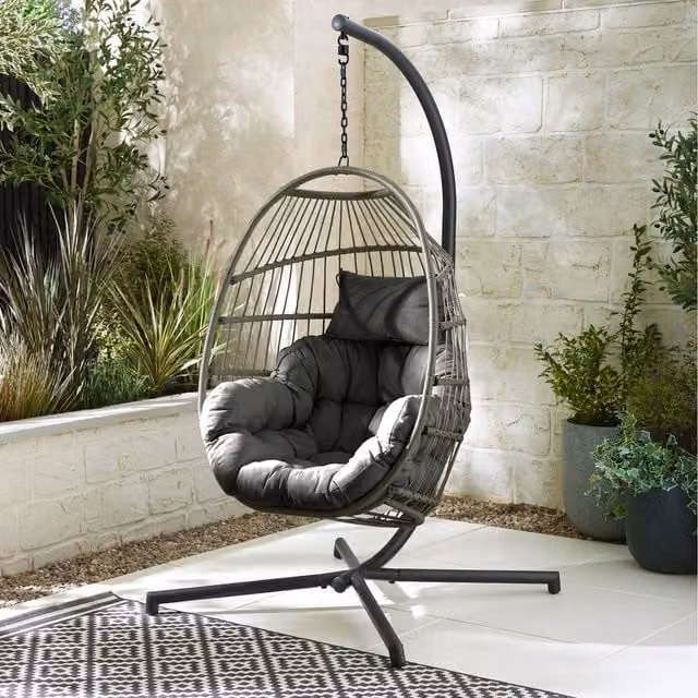 FurnitureboxUK Grey PE Rattan Outdoor Hanging Egg Chair with Cushions and Cover