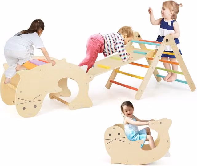 COSTWAY 7-in-1 Toddler Climbing Toy with Slide and Height Adjustment, Multicolour and Yellow