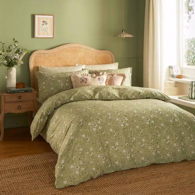 Make It A Home Reversible Floral Cotton Duvet Cover Set in Green and Purple, W: 180 cm, L: 200 cm