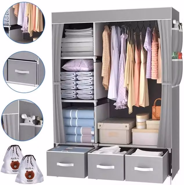 VOGREX Grey Canvas Wardrobe with Hanging Rail and Internal Shelving, W: 105 cm, D: 45 cm, H: 163 cm – 1