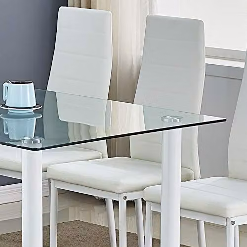 KOSY KOALA Modern Dining Set with Rectangular Clear Glass Table and 4 White Faux Leather Chairs