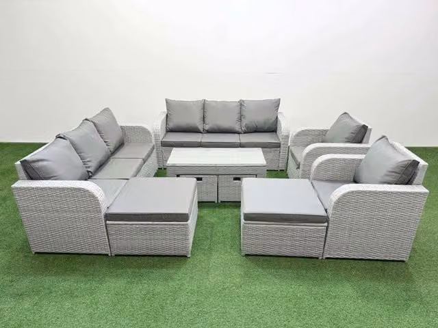 Fimous Grey PE Wicker Rattan Garden Furniture Set with U-Shape 3-Seater Sofa, Lounge Armchair, Coffee Table and Matching Ottoman with Weather-Resistant Upholstered Cushions