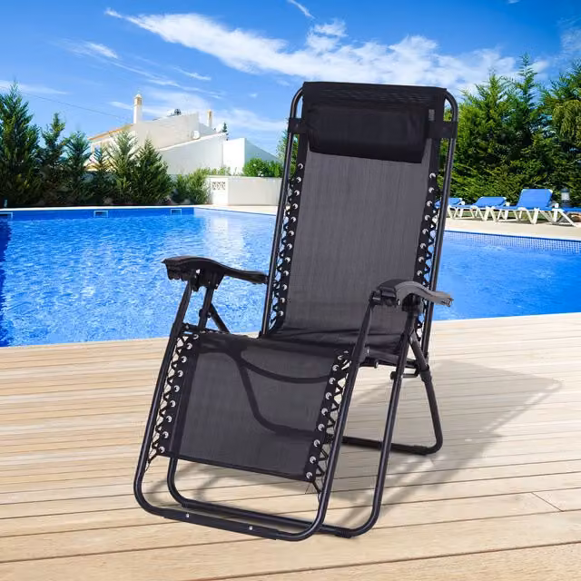 Outsunny Black Folding Reclining Sun Lounger with Adjustable Headrest and Armrests