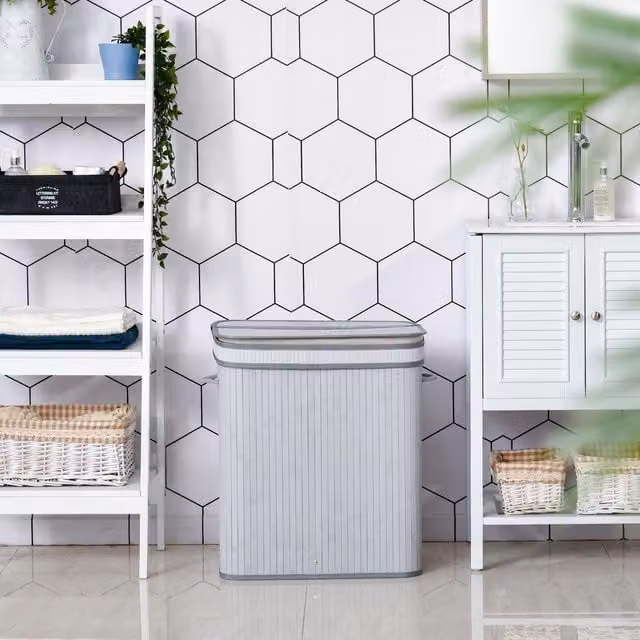 HOMCOM Bamboo Wooden Laundry Basket with Lid, Removable Lining and Handles, Grey, W/D/H: 32 x 32 x 70 cm – 1