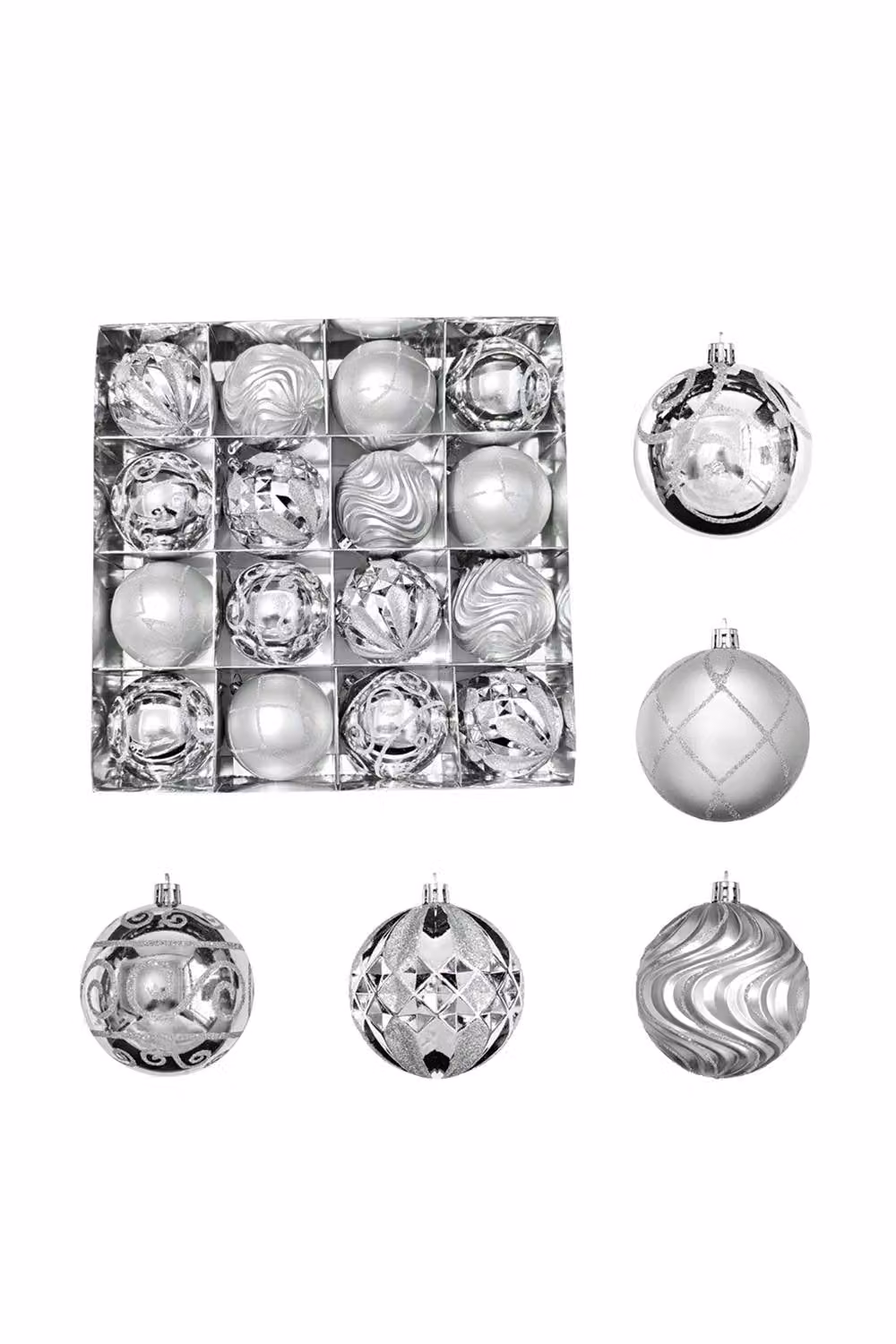 Living and Home 16-Piece Silver Glass Christmas Ornament Set with Geometric Spiral, Diamond and Wave Designs – 5