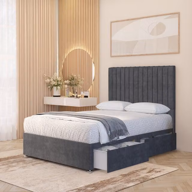 Somnior Beds Ltd Verona Velvet 4000 Pacific Orthopaedic Pocket Spring Divan Bed Set with Headboard and Drawers, Grey, W/D/H: 120 x 200 x 30 cm