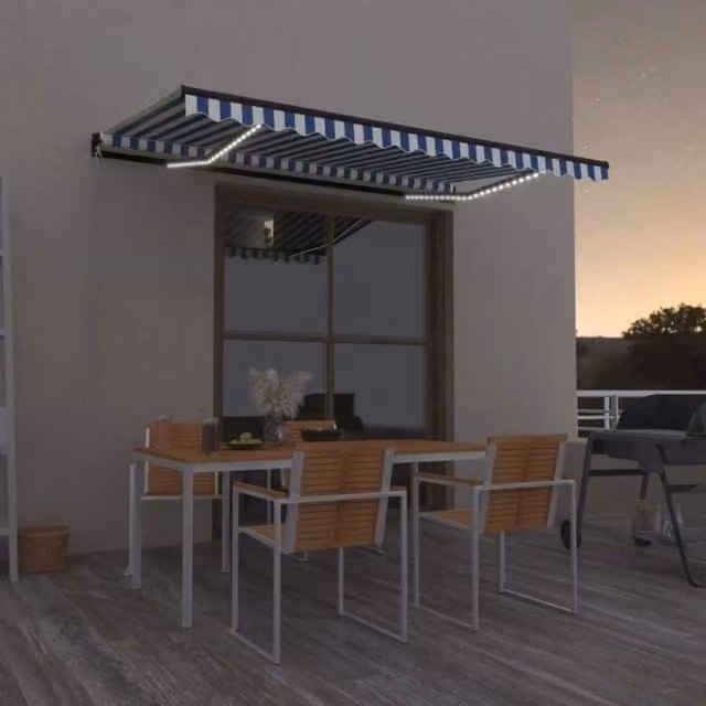 Berkfield Home Manual Retractable Awning with LED, Blue and White Striped Polyester, W: 450 cm, D: 300 cm – 1