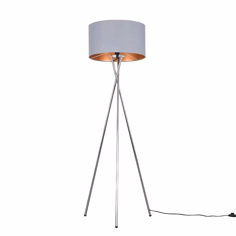 ValueLights Camden Modern Chrome Metal Tripod Floor Lamp with Grey and Copper Fabric Shade – 3