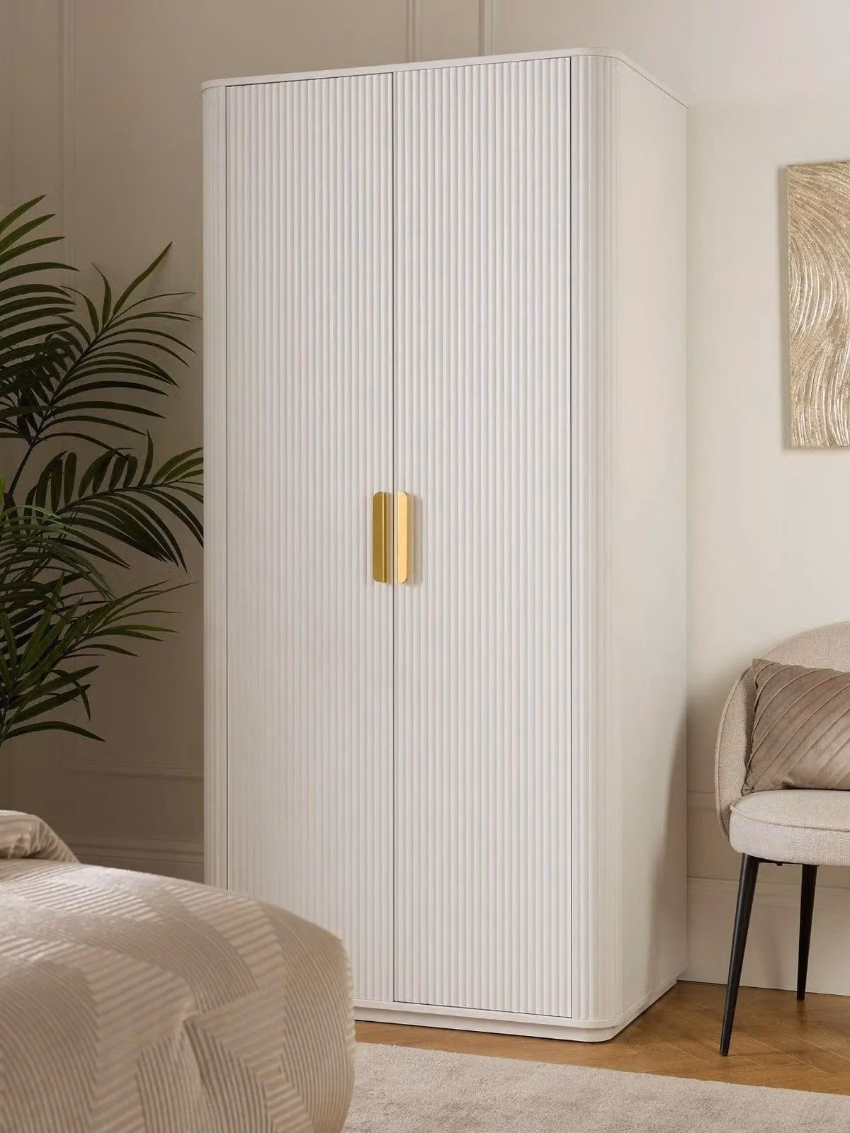 Carina 2 Door Plinth Wardrobe in White with Gold Details, Modern Bedroom Furniture, H 190 x W 90 x D 57 cm
