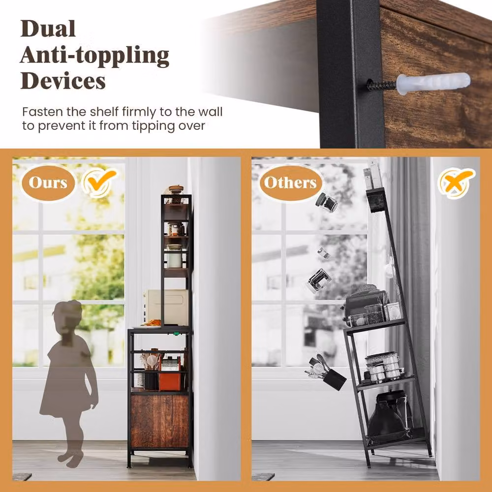 Gymax Brown Metal Bakers Rack Bar Cabinet and Microwave Stand with Power Outlet – 5