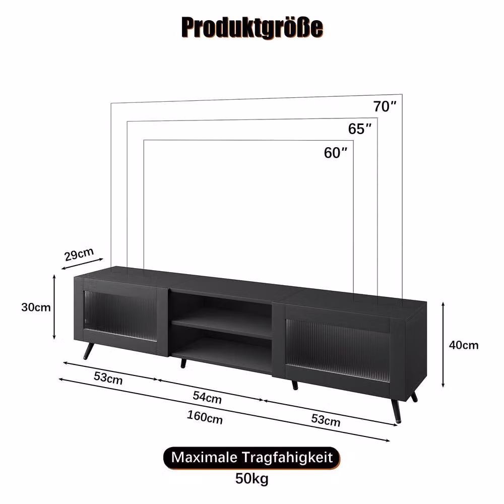 KEEPREAPER Stylish Black TV Stand with Transparent Acrylic Doors for 32-70 Inch TVs – 4