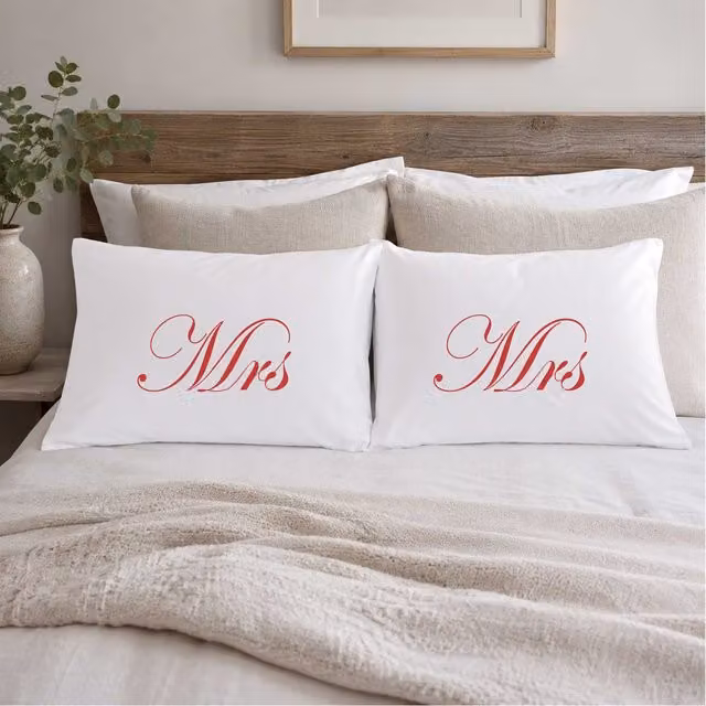 60 Second Makeover White and Red Mrs & Mrs Cotton Pillowcases