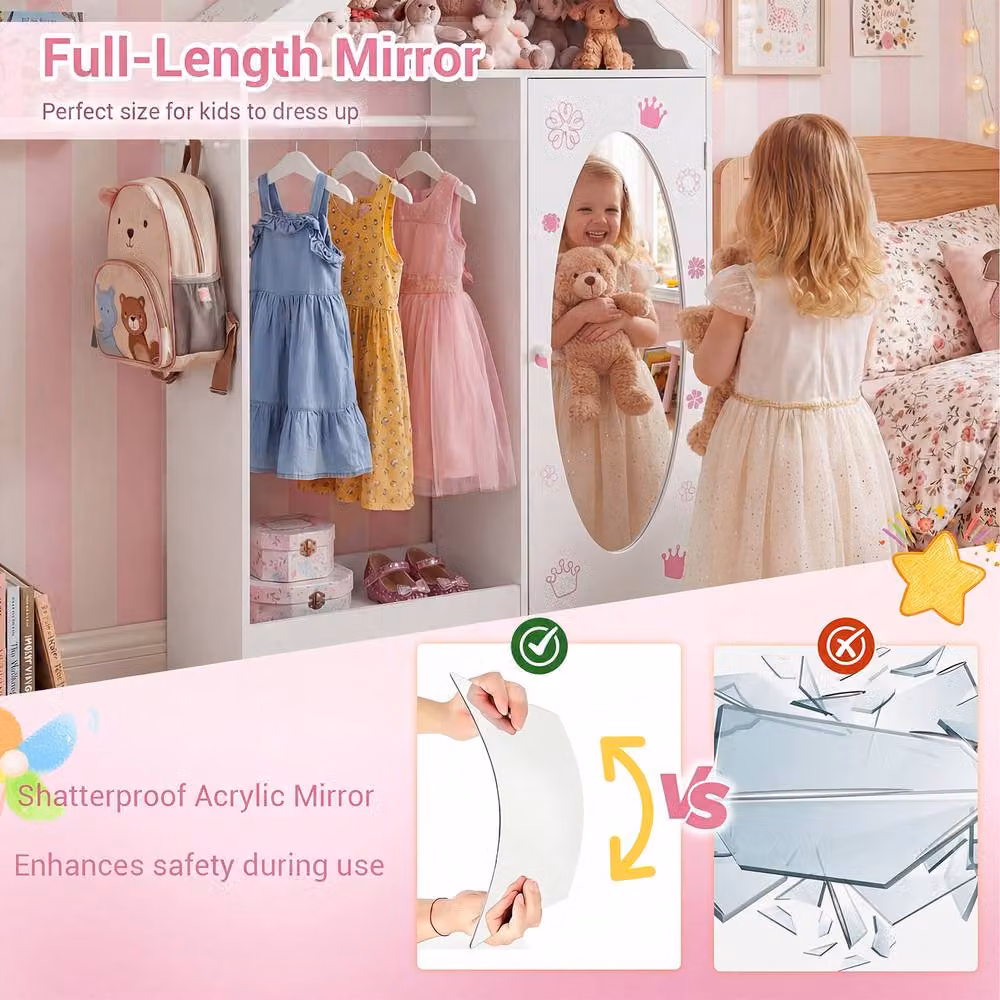 Gymax White Wooden Childrens Roofed Dress Up Closet with Mirror and Hanging Rack – 4