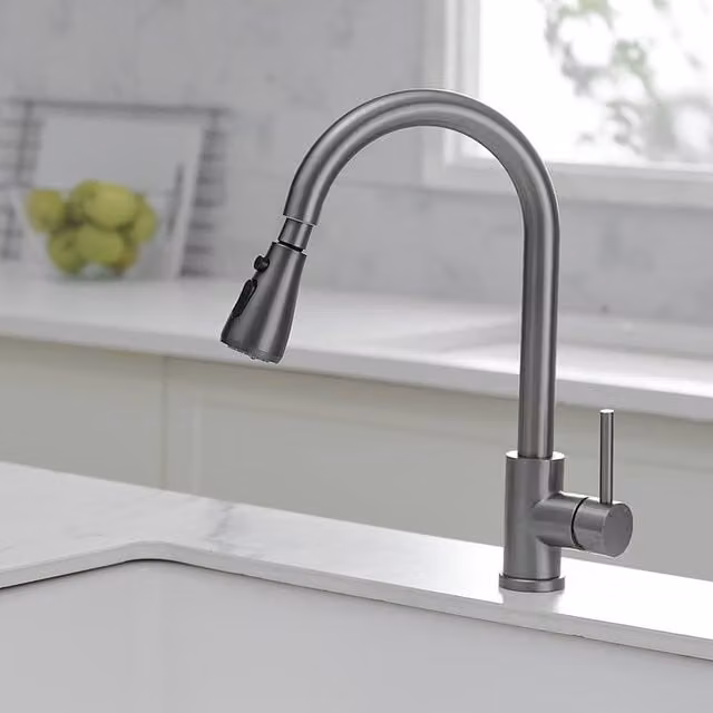 Heable Sleek Single Lever Kitchen Sink Mixer Tap with Pull Out Sprayer in Grey Brushed Steel
