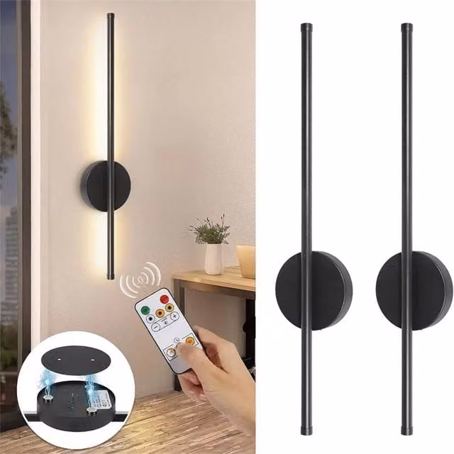 Nordara Set of 2 Black Magnetic Rechargeable LED Wireless Wall Sconces with Remote Control and Dimmer Function