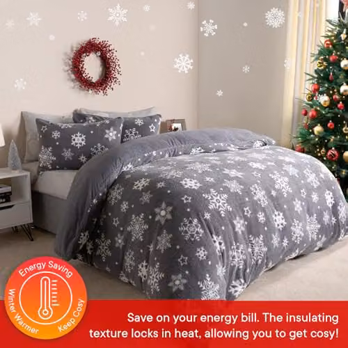 OHS Grey Snowflake Teddy Fleece Duvet Cover and Pillowcase Set, W/D/H: 200 x 200 cm – 2