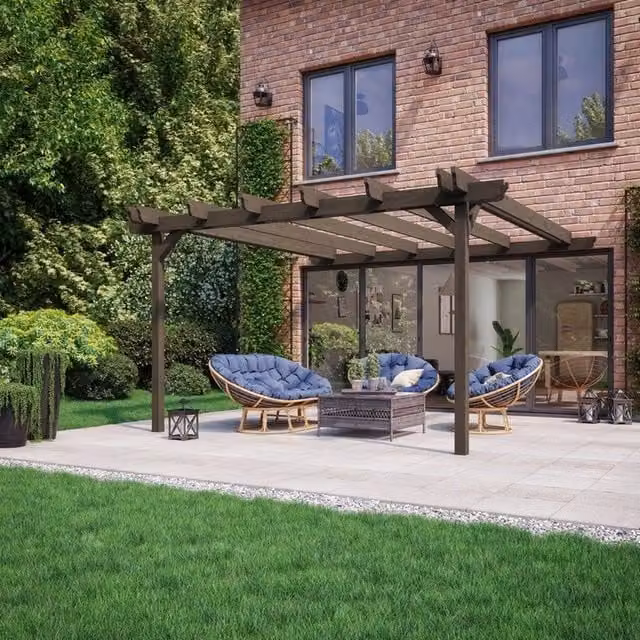 Rutland County Garden Furniture Ltd Wall Mounted Double Garden Pergola in Brown Wood, W: 420 cm, H: 270 cm