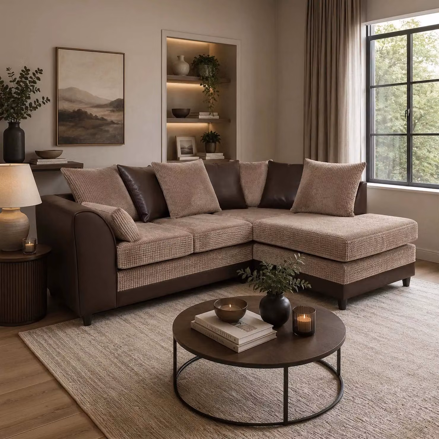 Furnishings For Less UK Luca 3-4 Seater L Shaped Corner Sofa in Brown and Beige with Fabric and Synthetic Leather Trim, Right Hand Facing – 2