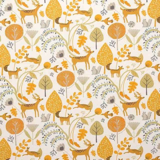 Terrys Scandi Woodland Graphic Animal Cotton Fabric in Yellow