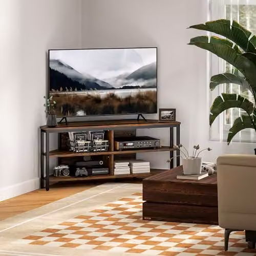 HOMCOM Industrial TV Stand Cabinet with Storage Shelves in Brown and Black – 2
