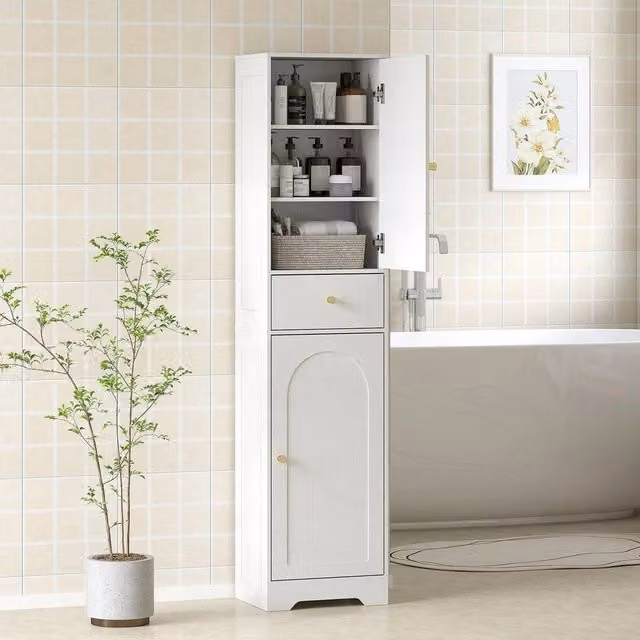 EONLION Modern Freestanding Tall Bathroom Storage Cabinet with Arch Hinged Doors and Internal Shelves in White and Gold Matt