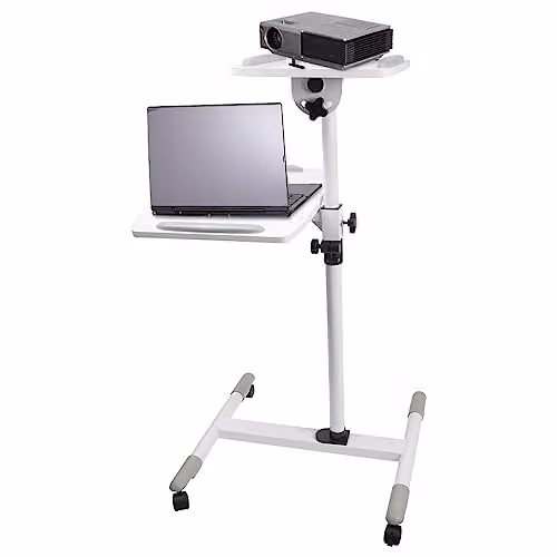 Properav Mobile Desk Workstation and Projector Trolley in White, Height Adjustable 85-110 cm, 10 kg Capacity