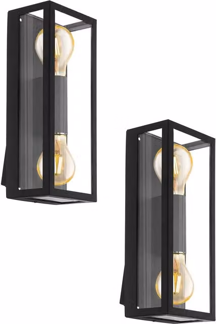 Loops 2 Pack Black IP44 Outdoor Wall Light with Square Transparent Glass Shade and E27 Socket