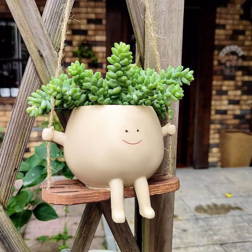 EONLION Set of 2 White Hanging Swing Face Resin Planter Pots for Succulents – 3