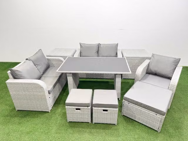 Fimous 8 Seater Outdoor Furniture Set in Light Grey with Love Sofa, 3 Stools and 2 Side Tables