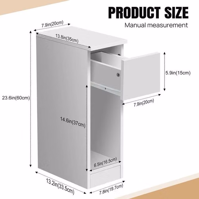 FLAVORA TypB Slim Narrow Bedside Table with Drawer and Shelf in White – 1