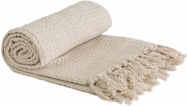 Emma Barclay Honeycomb Woven Cotton Throwover with Fringes, Ivory, W/D/H: 127 x 152 x 1 cm