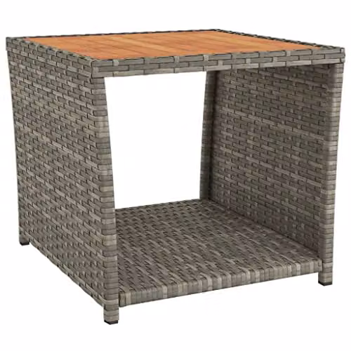 vidaXL Modern Grey Poly Rattan Tea Table with Acacia Wood Top
