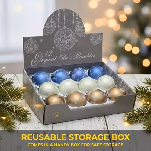 Shatchi 12-Piece Set of Classic Geometric Glass Baubles in Blue, Gold and White, Diameter: 8 cm – 2